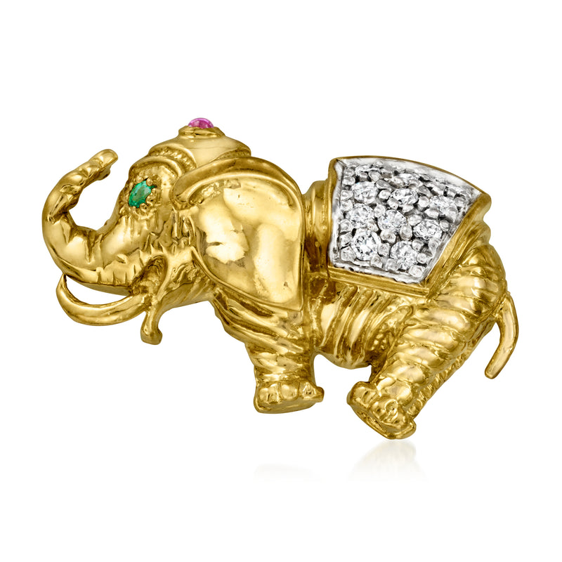 18kt yellow gold elephant pin with diamond ear, ruby top, emerald eye
