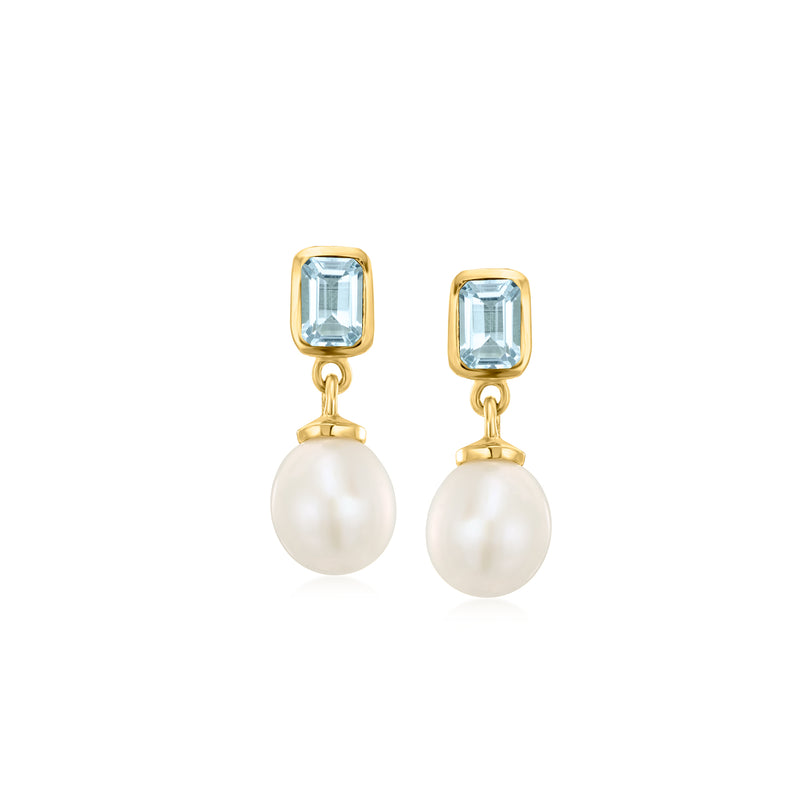 Gold drop earrings with blue topaz square tops and round cultured pearl drops