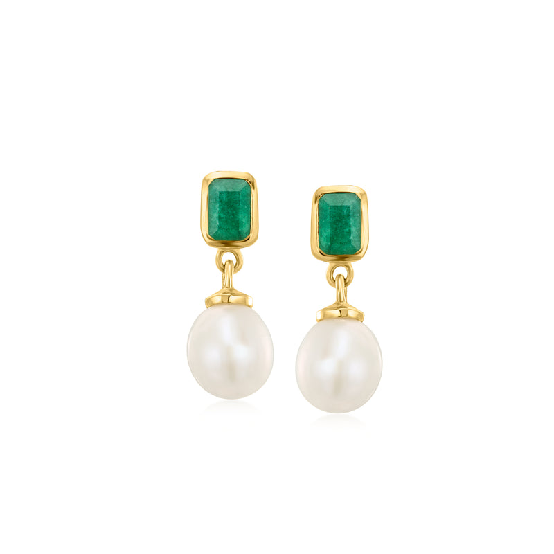 Gold over sterling drop earrings with square green gemstone and round cultured pearl