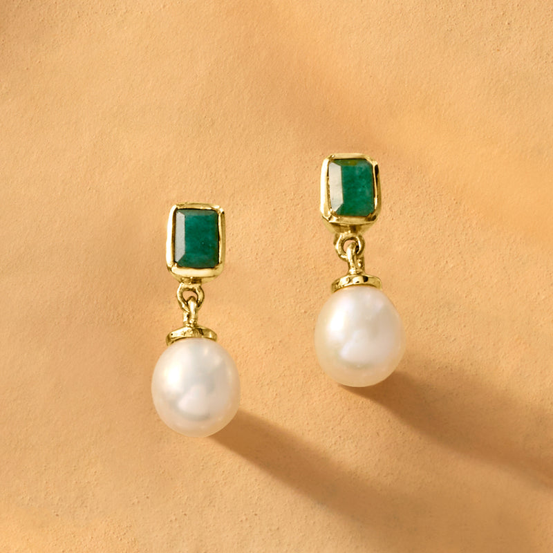 Pair of gold drop earrings with green square stone and white cultured pearl dangles