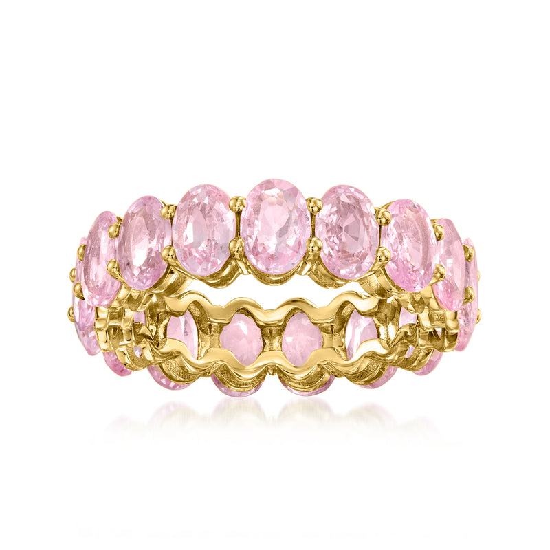 18kt yellow gold eternity band ring with pink oval sapphires in a repeating row