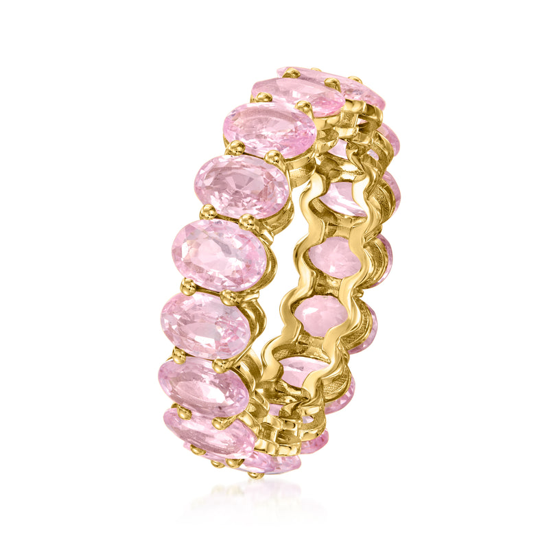 18kt yellow gold eternity band ring with pink oval sapphires, side view