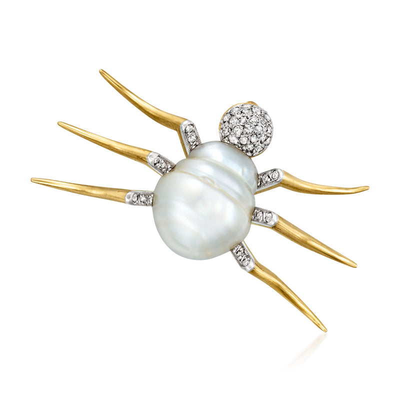 Spider pin with cultured baroque pearl and diamond in yellow gold