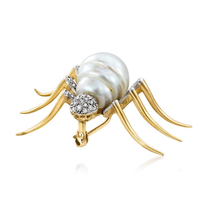 Spider brooch pin with baroque pearl, diamond cluster heads, yellow gold legs