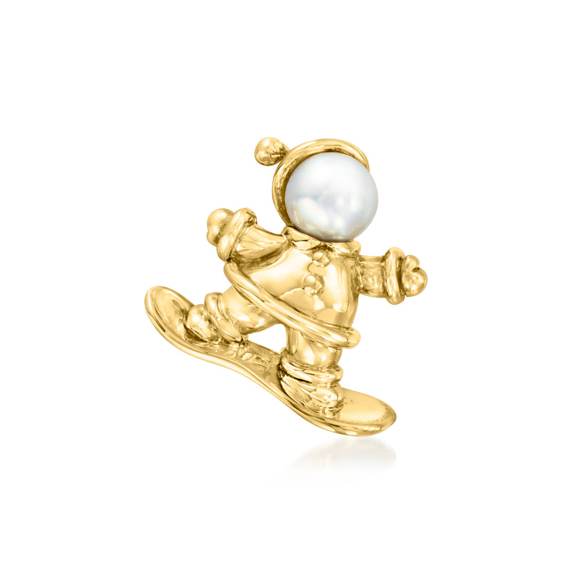 18kt yellow gold snowboard lapel pin with round white cultured pearl