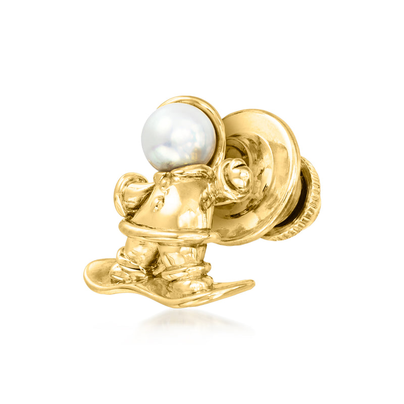 18kt yellow gold snowboard lapel pin with round white pearl and clasp backing