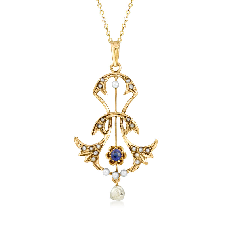 10kt yellow gold pendant necklace with blue sapphire center and cultured pearl accents