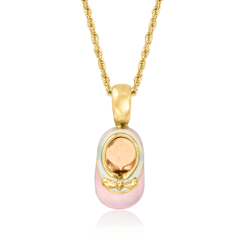 Yellow gold baby bootie pendant necklace with pink and white enamel, oval bail