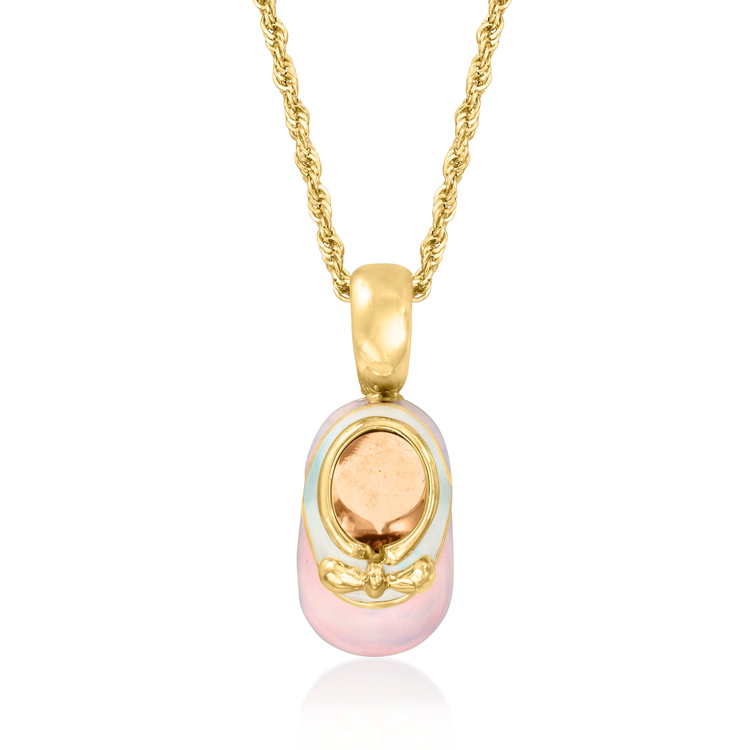 C. 1990 Vintage Pink and White Enamel Baby Bootie Pendant Necklace in 14kt Yellow Gold