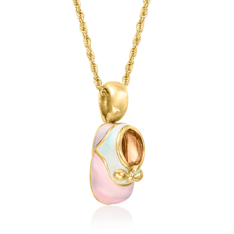 Yellow gold baby bootie pendant necklace with pink and blue enamel, gold rim detail