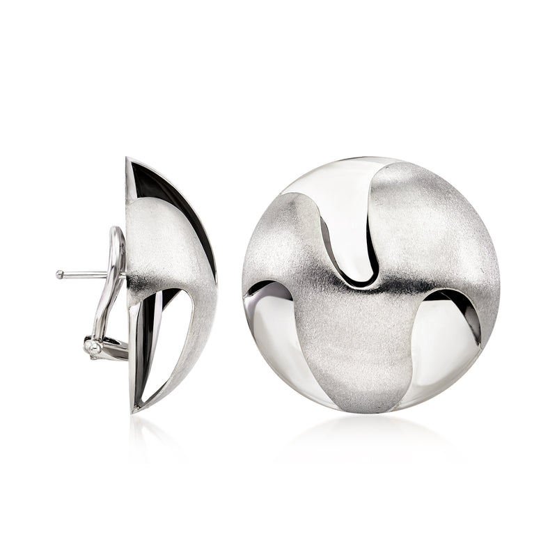 14kt white gold wavy dome stud earrings, side view with post and polished back