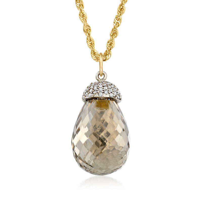 14kt yellow gold smoky quartz teardrop pendant with diamond halo and chain