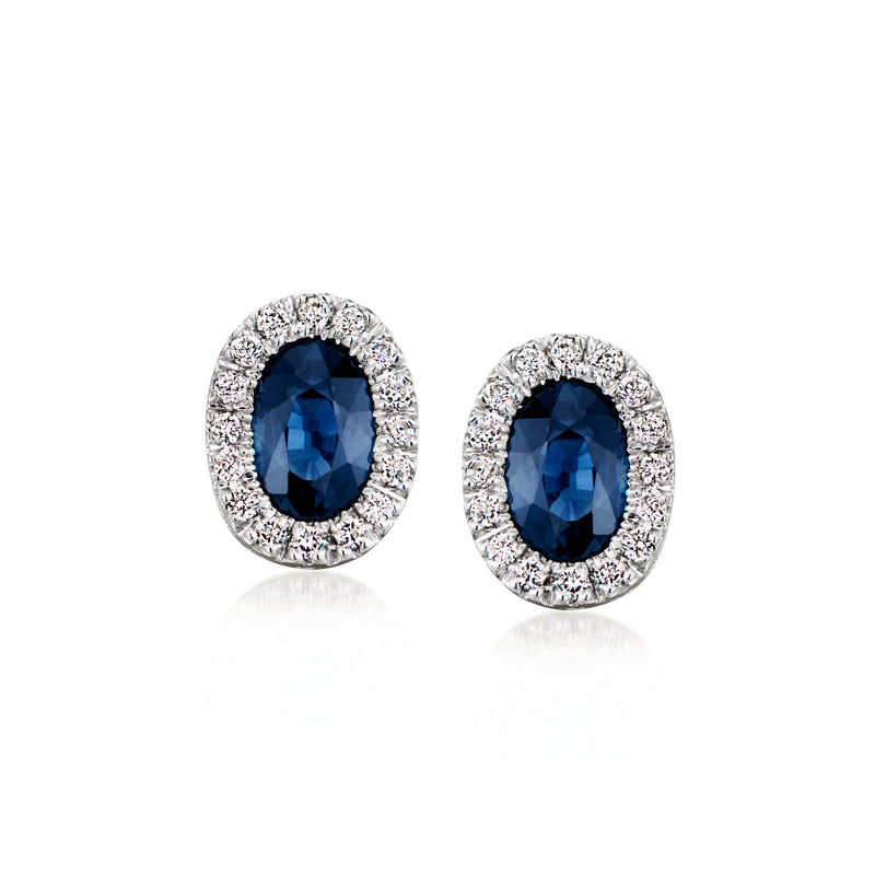 Oval sapphire and diamond stud earrings in 14kt white gold, post backs