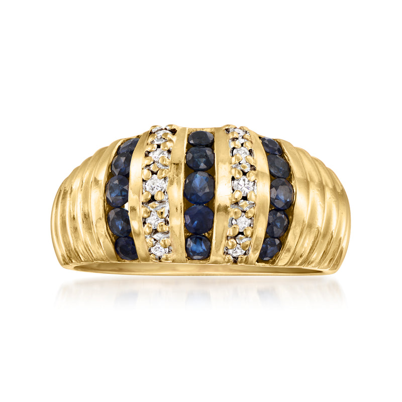 Vintage 14kt yellow gold ring with blue sapphire bands and diamond accents