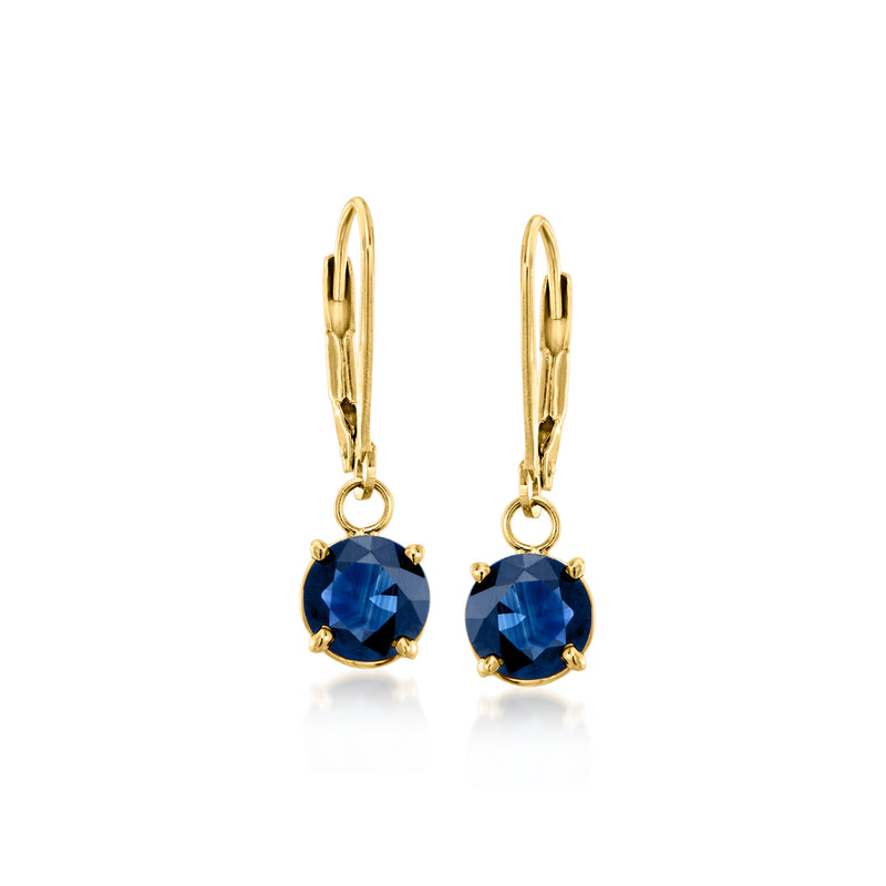 14kt yellow gold leverback drop earrings with blue round gemstones