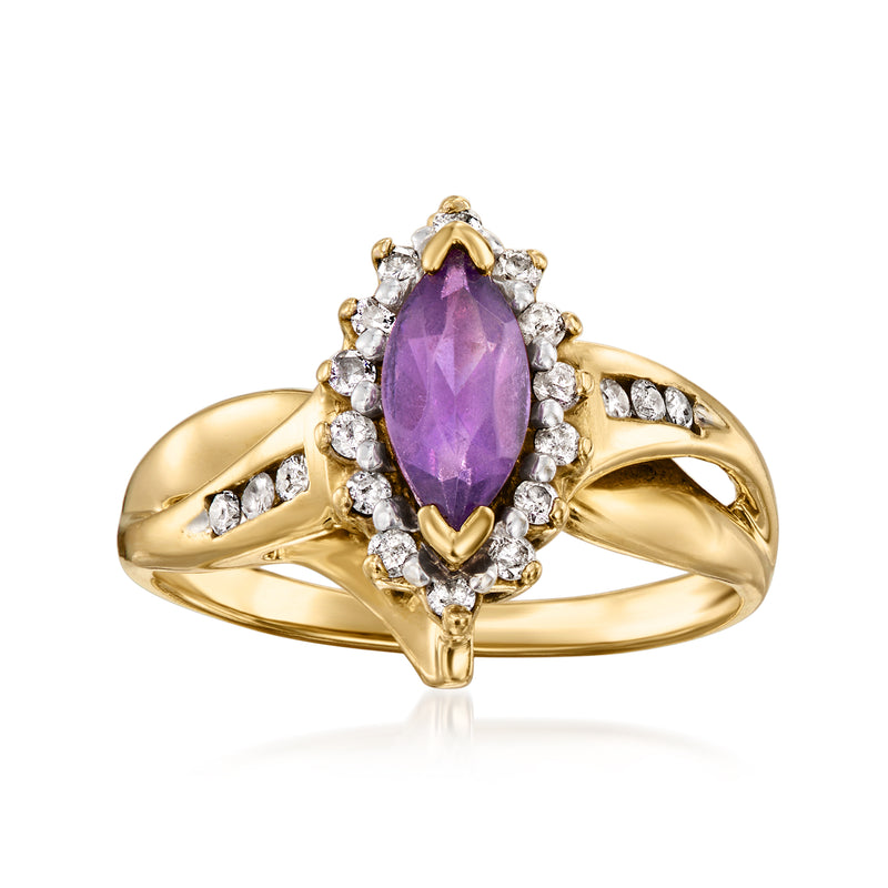 Vintage amethyst and diamond halo ring in 14kt yellow gold, oval purple center