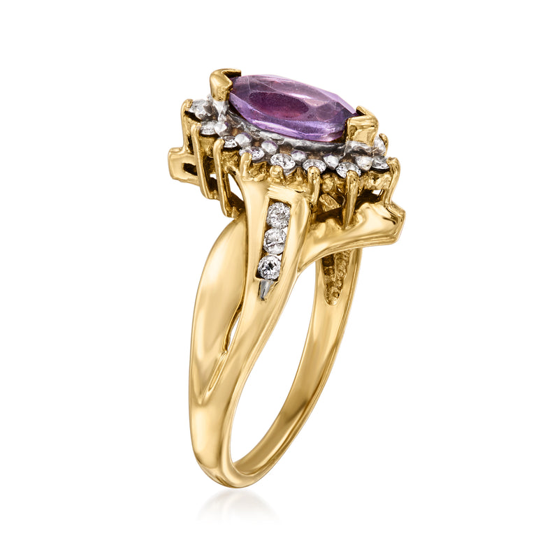 Vintage amethyst and diamond ring, oval purple stone with clustered side diamonds, 14kt gold