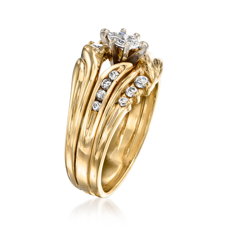 Yellow gold diamond bridal ring set with large center stone and round pave accents