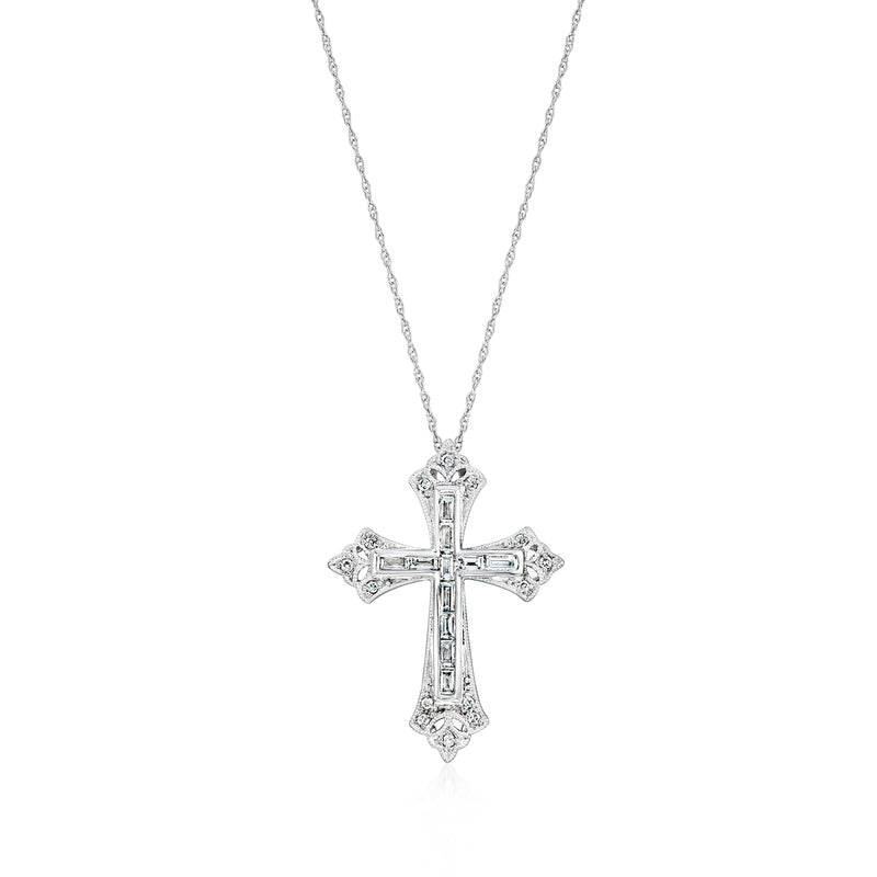 Diamond cross pendant necklace, 18kt white gold, round-cut diamonds
