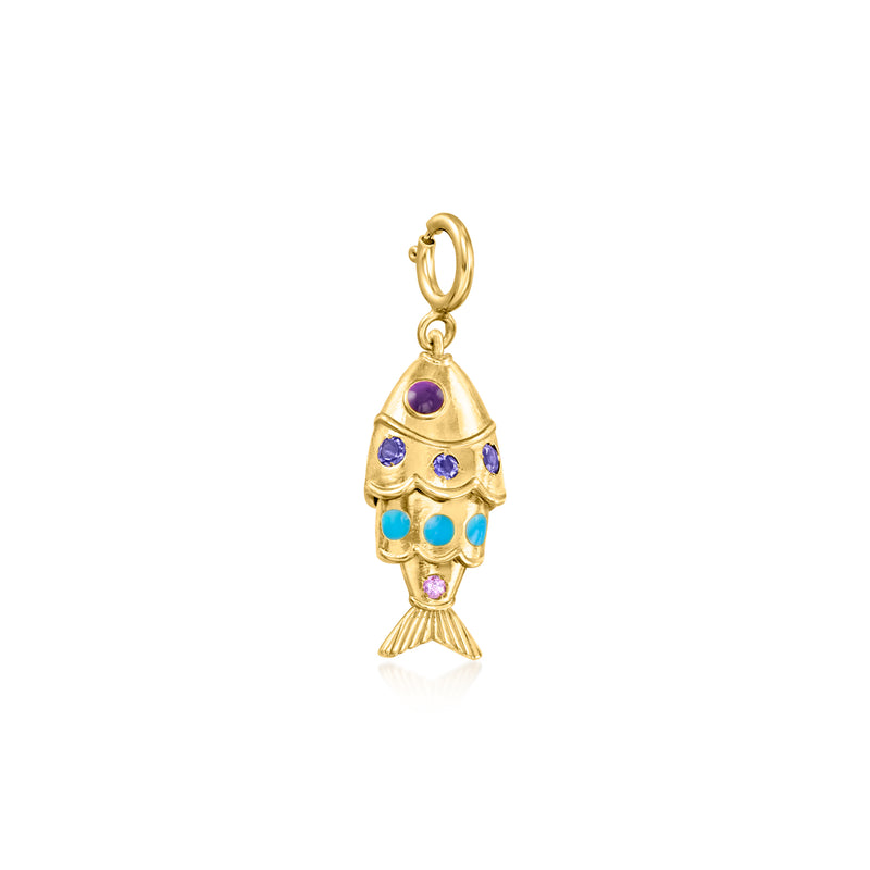 Enamel fish charm in gold with purple and blue stones, amethyst drop
