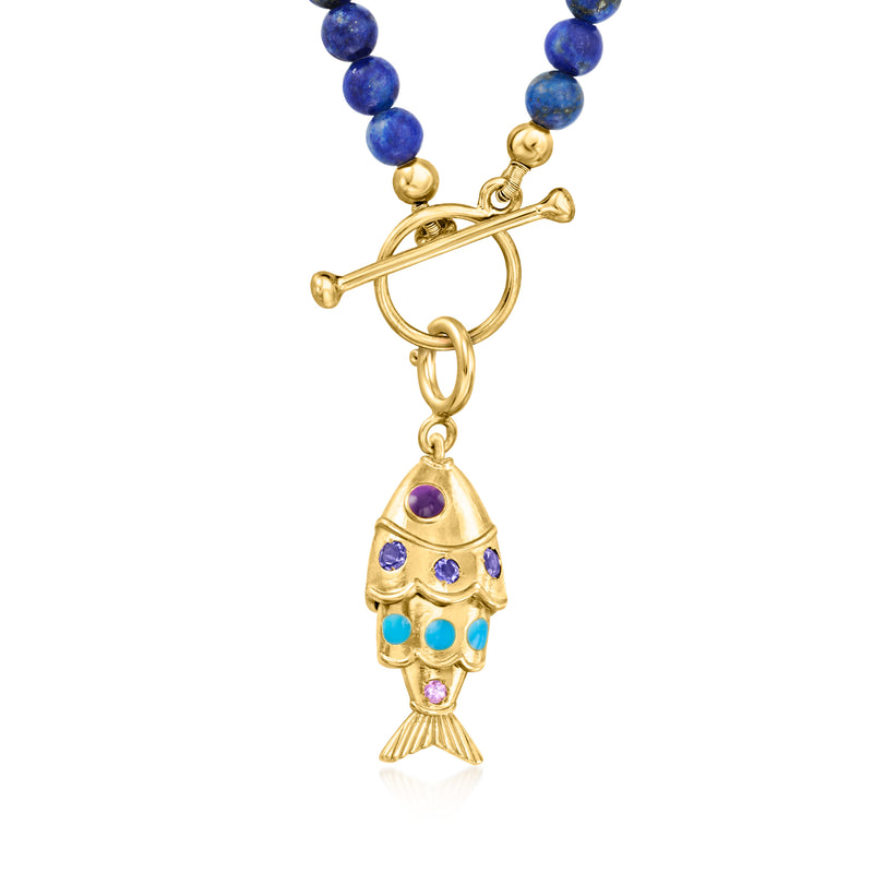 Gold fish charm pendant with purple enamel top and blue accents on blue beads
