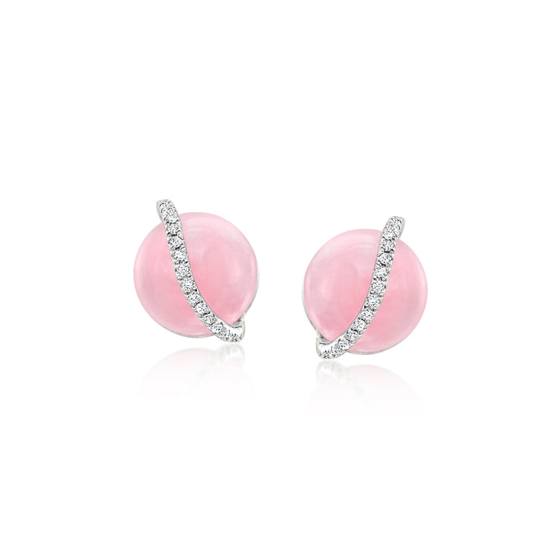 Sterling silver post earrings with pink jade oval and diamond-like swirl accents