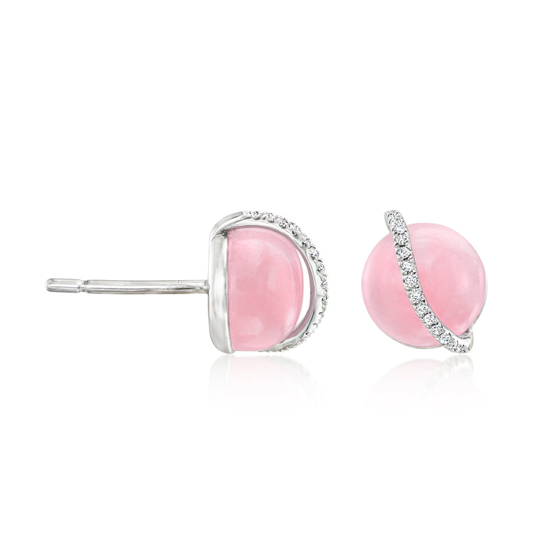Pink jade and diamond swirl sterling silver post earrings with round pink stones