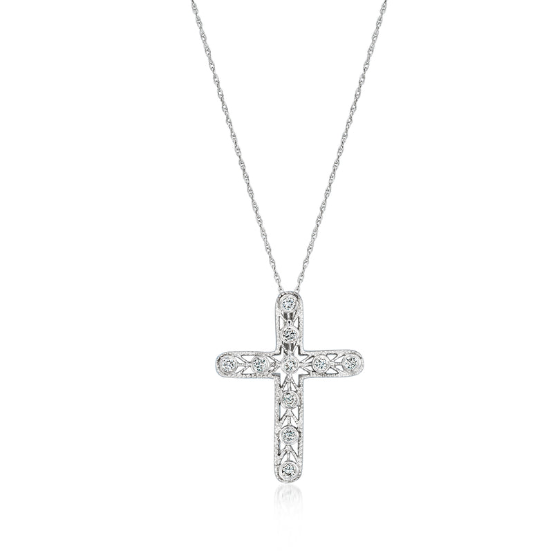 18kt white gold diamond cross pendant necklace with round-stone details
