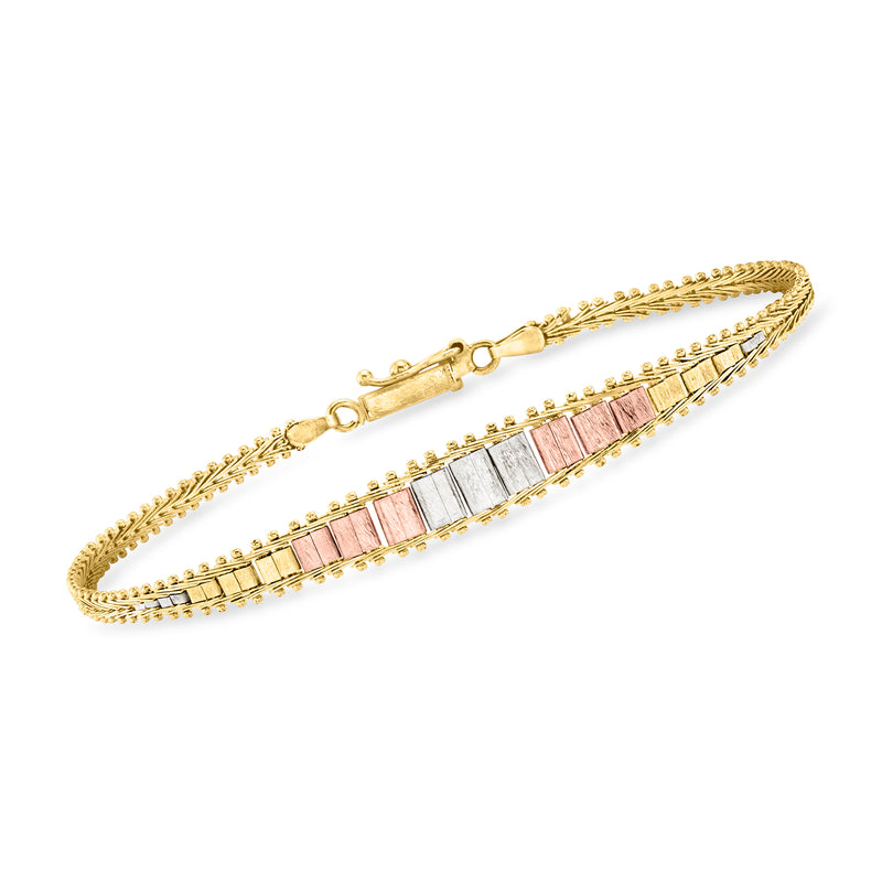 Vintage tri-colored gold graduated bracelet with pink and white bar insets, box clasp