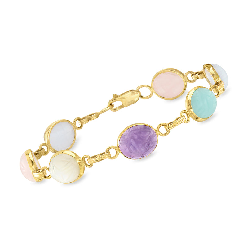 14kt yellow gold gemstone scarab bracelet with pastel multi-stone links and round bezels