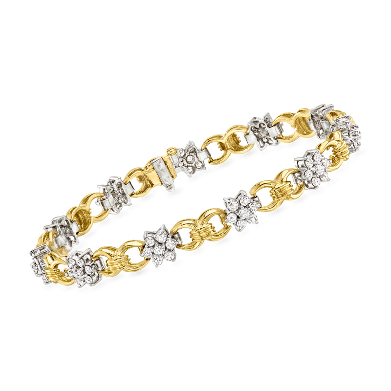 Two-tone 14kt gold diamond flower-link bracelet with round stone links