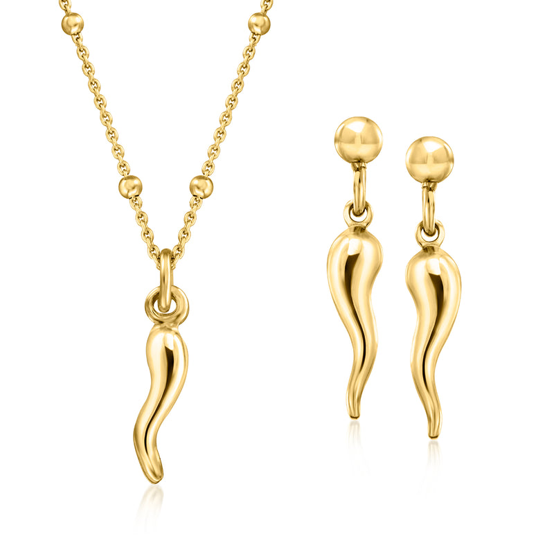 Gold-plated horn drop jewelry set: necklace pendant and matching drop earrings