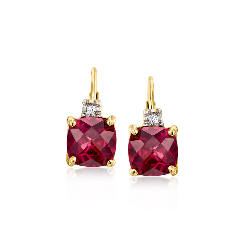 14kt yellow gold rhodolite garnet drop earrings with diamond accents, leverback