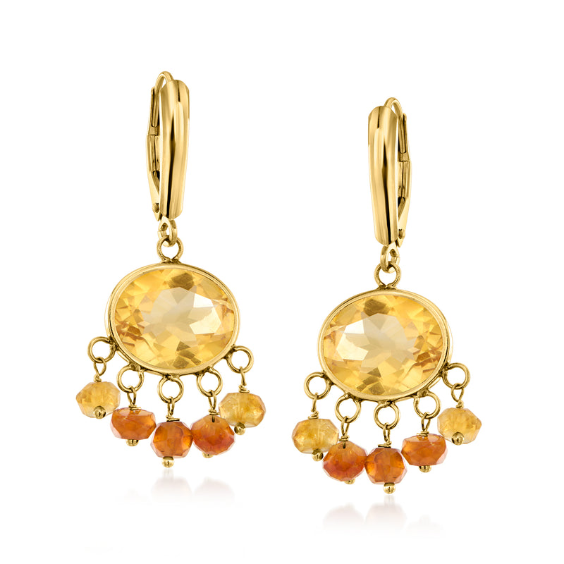 Yellow gold citrine drop leverback earrings with round gemstone and orange bead fringe