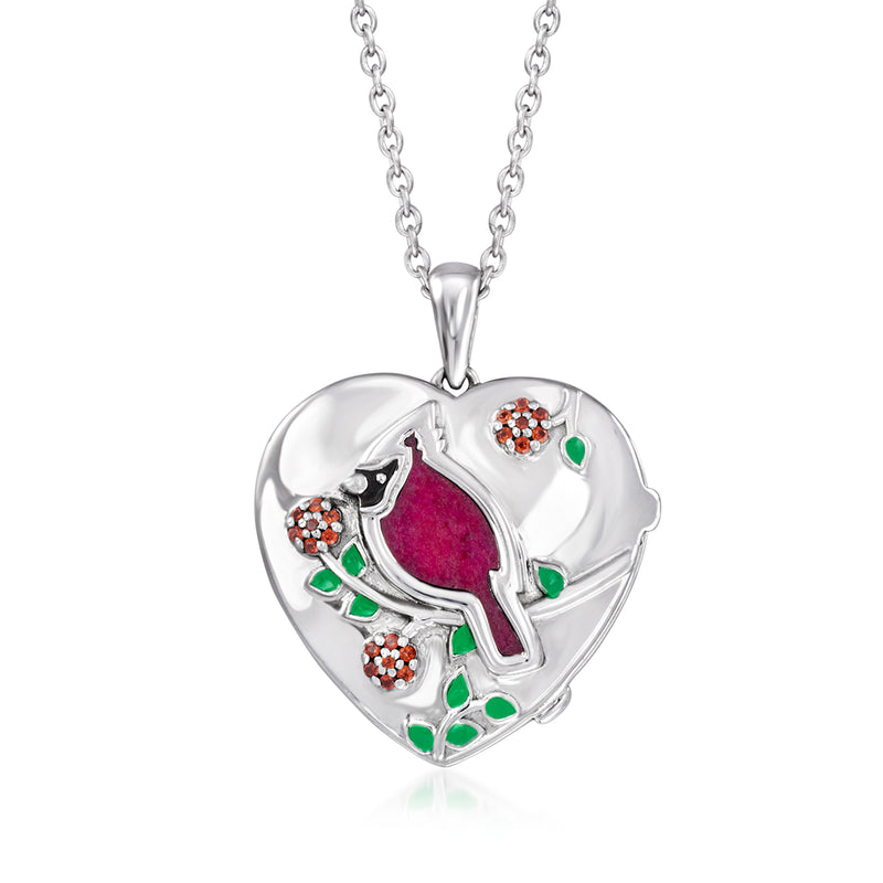 Sterling silver heart locket necklace with cardinal enamel and red gemstone accents