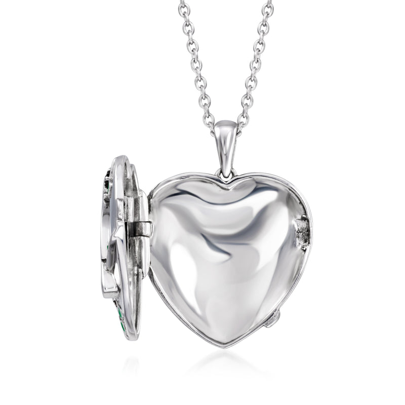 Sterling silver heart locket necklace, hinged locket open on silver heart back