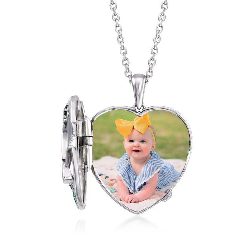 Sterling silver heart photo locket necklace with baby portrait inside glass