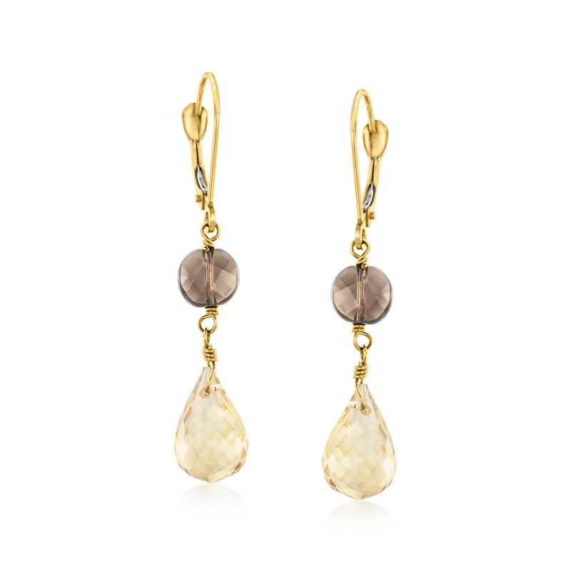 14k yellow gold leverback drop earrings with smoky quartz oval and citrine teardrop