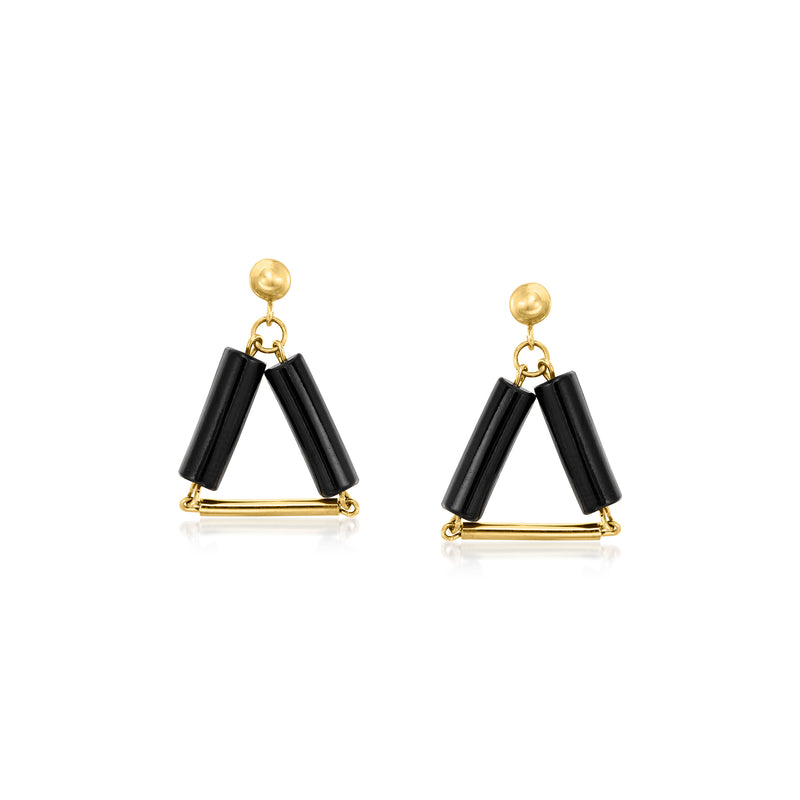 Vintage black triangular drop earrings with 18kt yellow gold top and frame