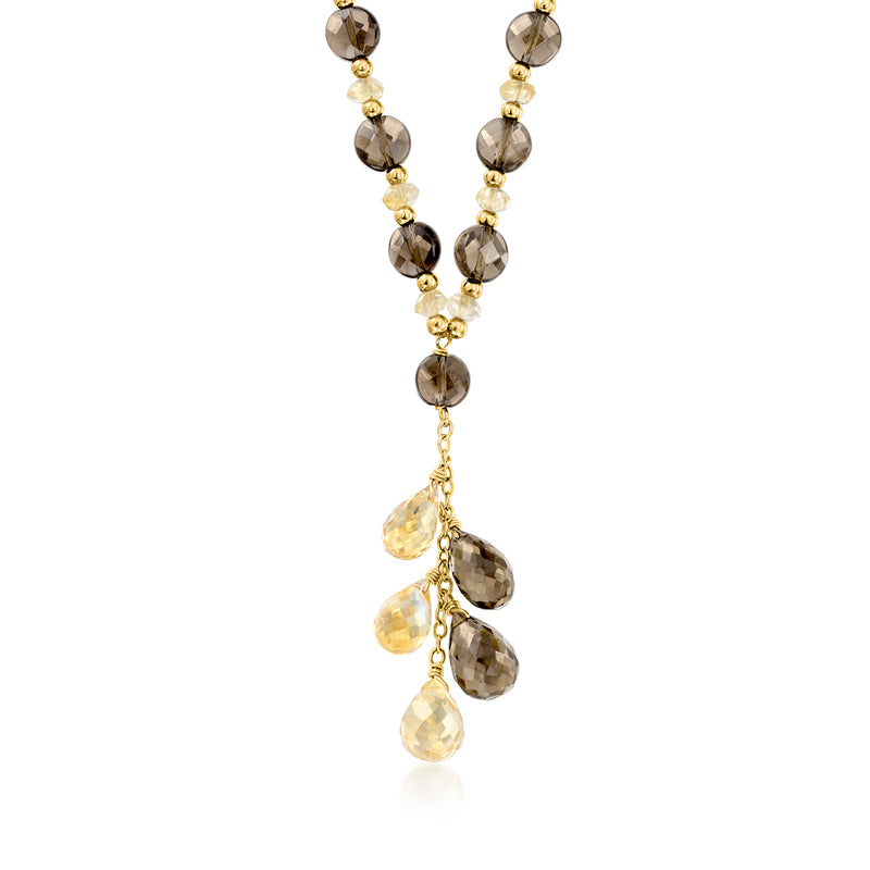 Bead drop necklace with faceted smoky and citrine quartz beads, 14kt yellow gold
