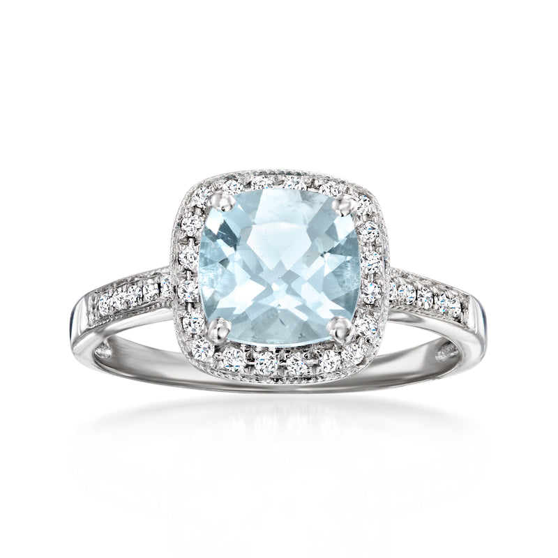 Vintage aquamarine and diamond ring, cushion-cut center in 14kt white gold