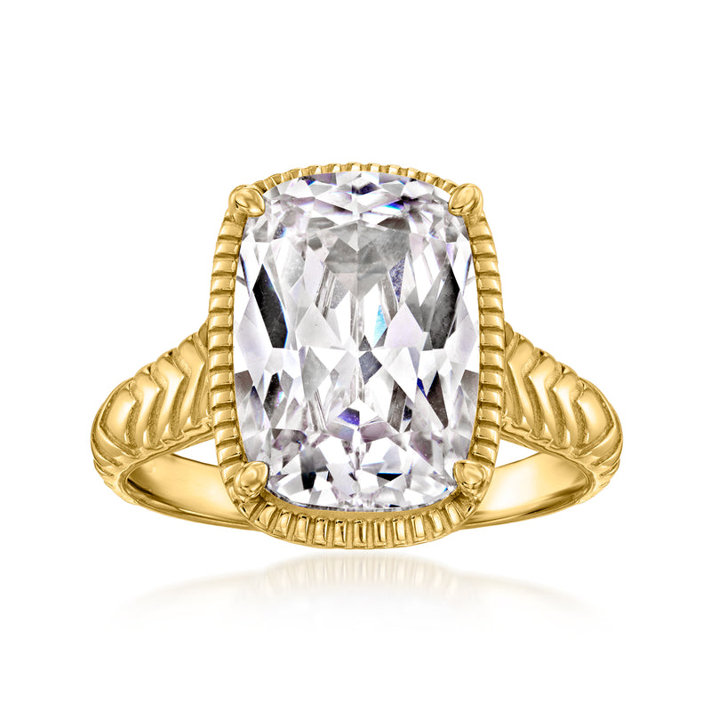 Gold-tone cushion-cut CZ ring with large clear stone and braided shoulders
