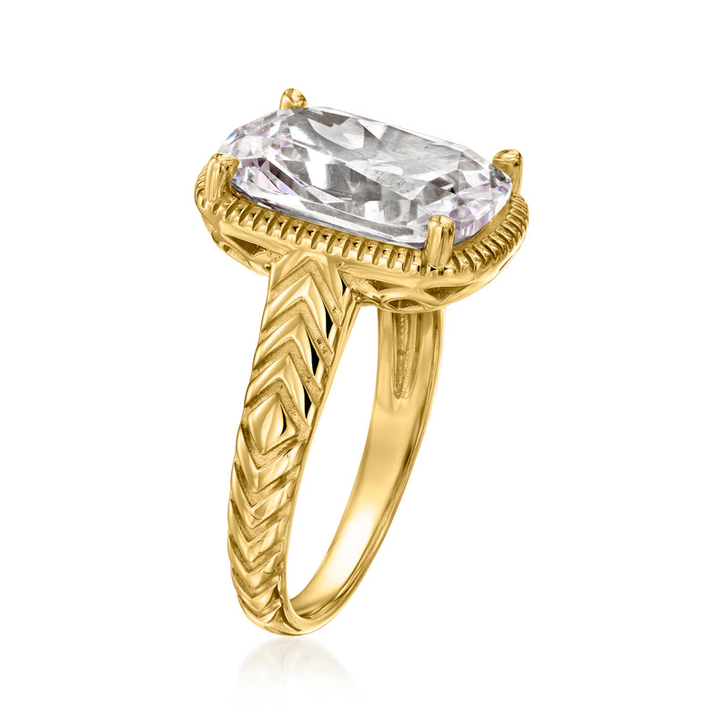 Gold-tone cushion-cut CZ ring with clear faceted stone and textured band