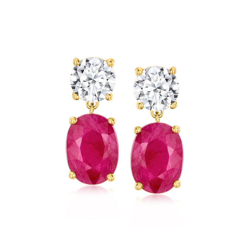 Yellow gold drop earrings with ruby oval drops and diamond-like round studs