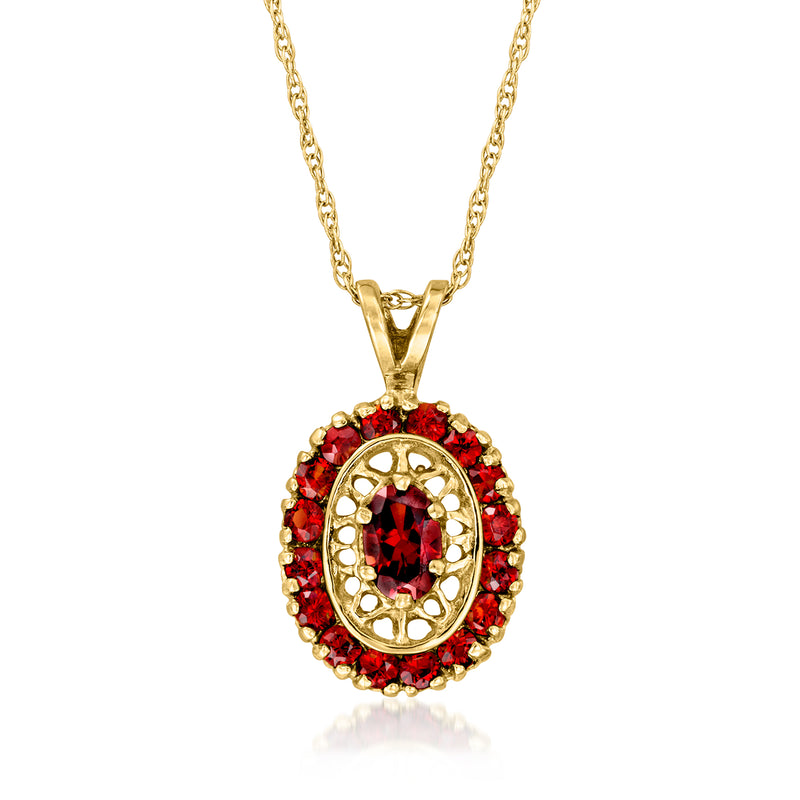 10kt yellow gold garnet pendant necklace with oval red gemstone halo and link chain