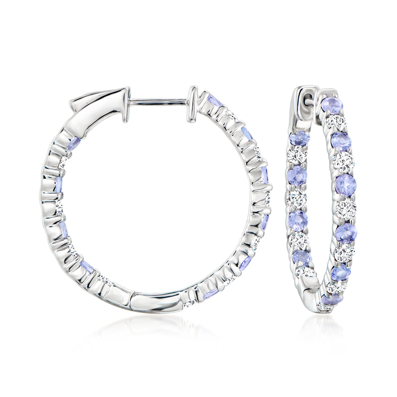 Sterling silver inside-out hoop earrings with diamond and blue tanzanite stones