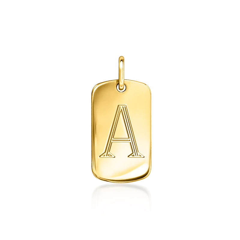 14kt yellow gold dog tag charm with engraved A and loop bail