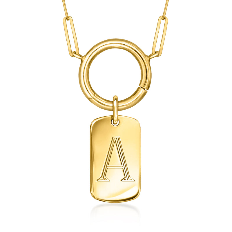 Yellow gold dog tag charm with engraved A attached to a circular ring