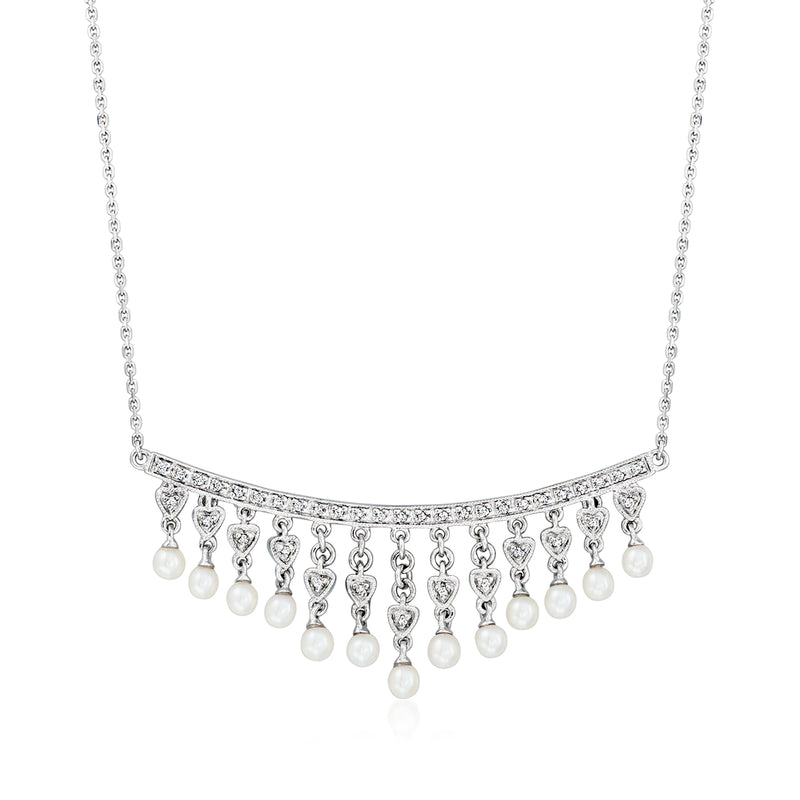 Cultured pearl bib necklace with diamond accents and dangling pearl drops