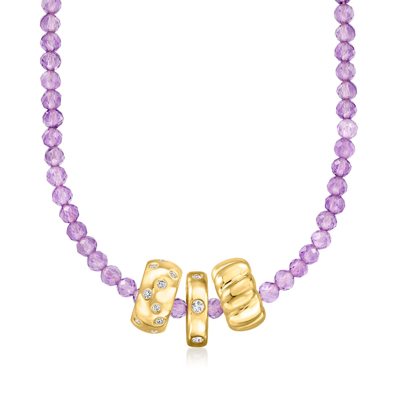 Amethyst bead necklace with purple beads and gold barrel spacer links